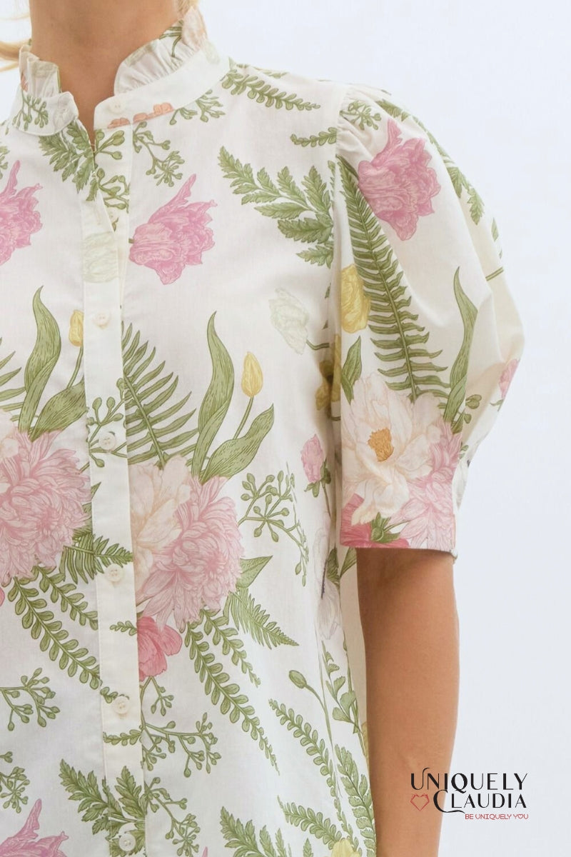 Emilia Floral Print Ruffled Neck Button-Down Blouse | Uniquely Claudia Boutique