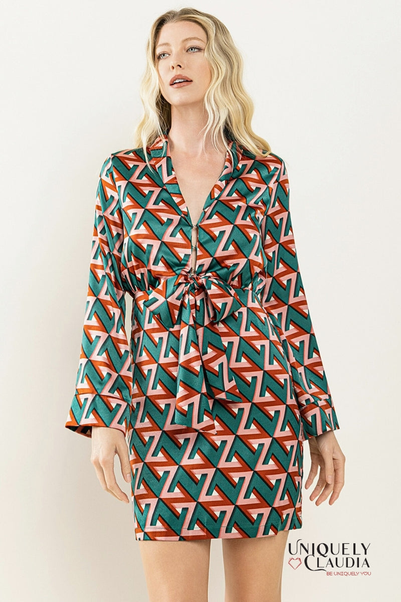 Farrah Geometrical Print Satin Dress | Uniquely Claudia Boutique 