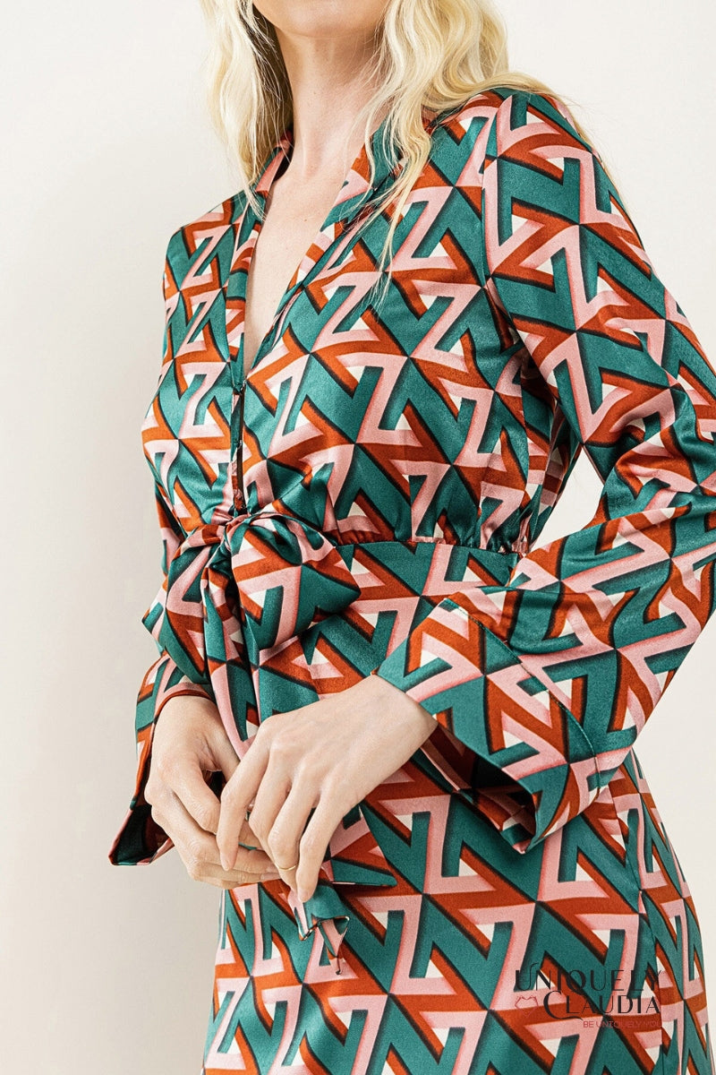 Farrah Geometrical Print Satin Dress | Uniquely Claudia Boutique 