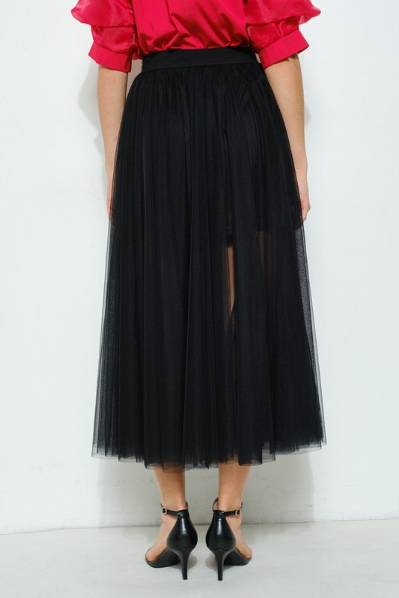 Person wearing a red blouse and black tulle skirt on a white background