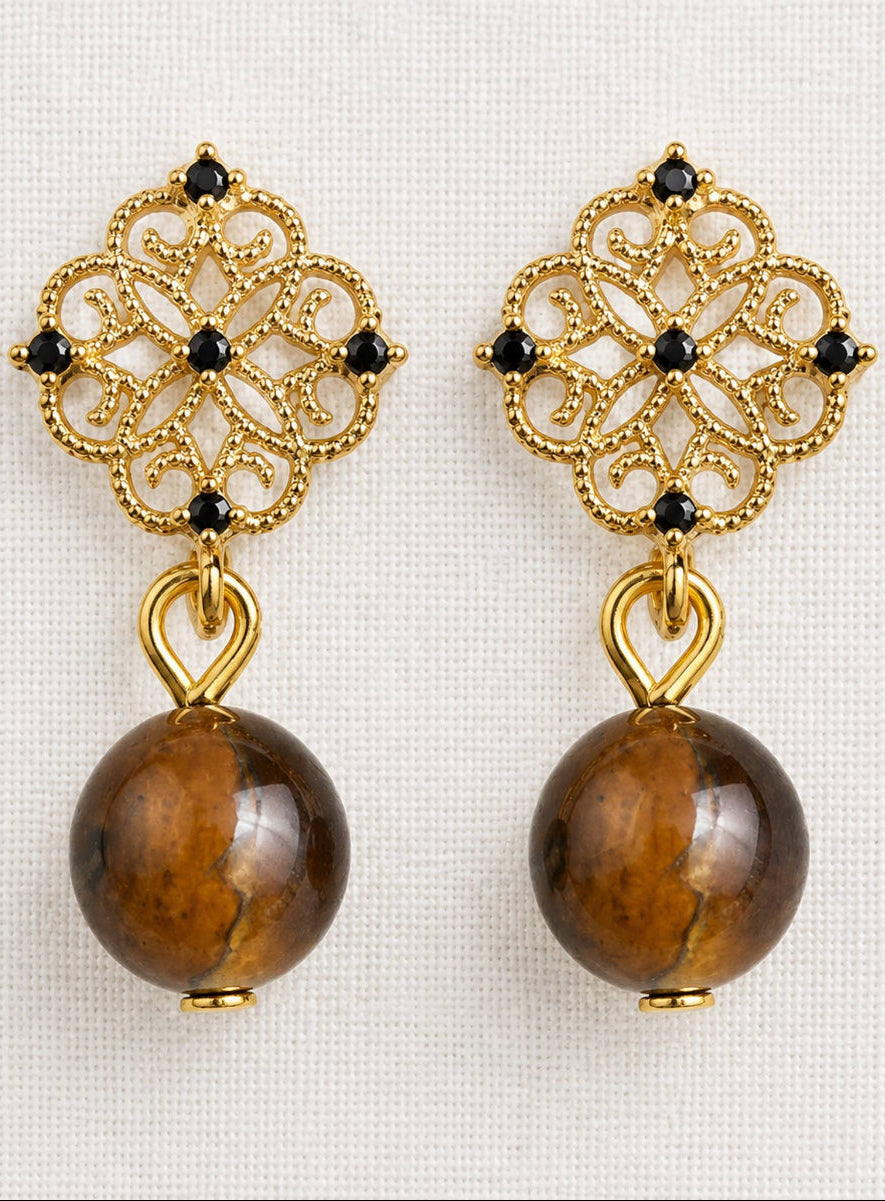 Filigree Tiger's Eye and Zirconia Earrings