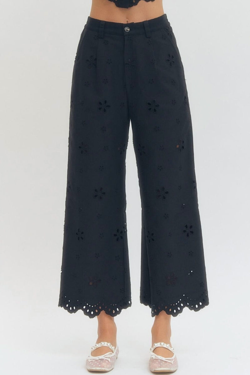 Black embroidered wide-leg pants on a white background