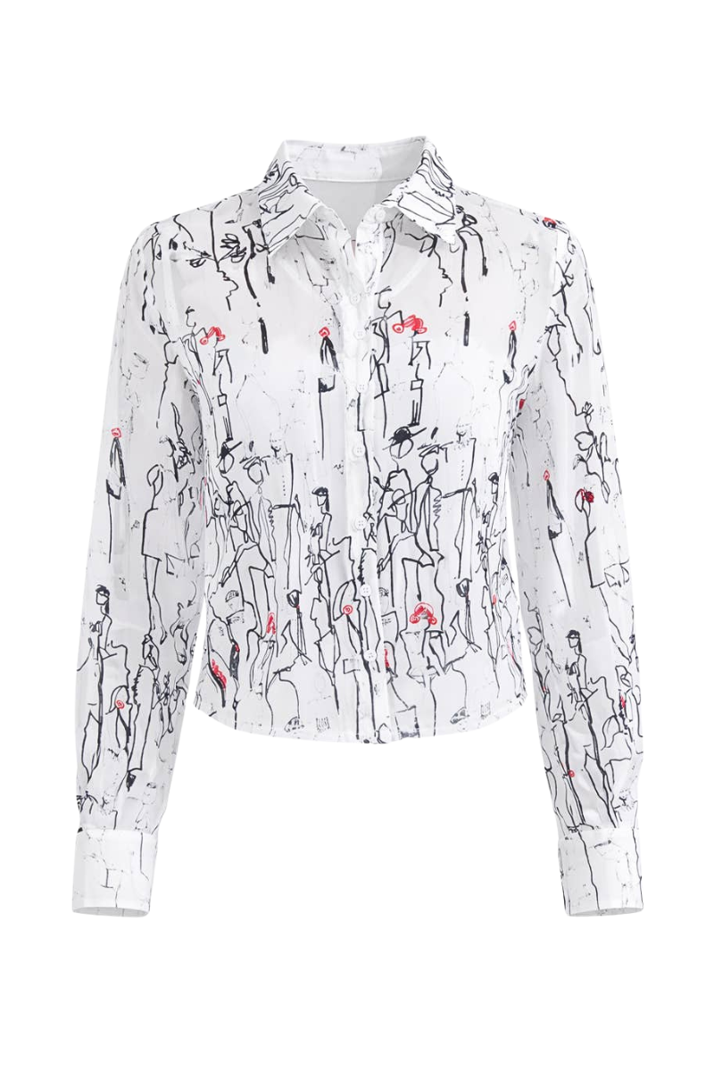A white long-sleeve button-up shirt with an all-over black line-art sketch print and small red floral accents, shown on a plain white background.