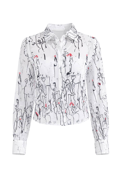 A white long-sleeve button-up shirt with an all-over black line-art sketch print and small red floral accents, shown on a plain white background.