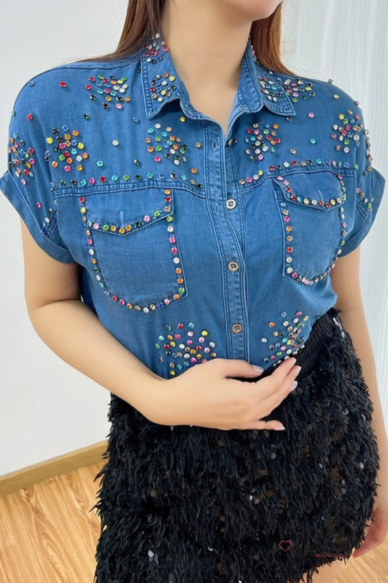 Gemma Crystal Embellished Denim Buttoned Top | Uniquely Claudia Boutique