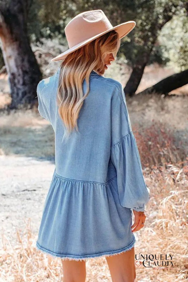 Woman wearing blue swing dress