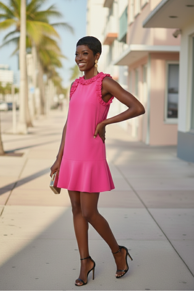 Woman in a pink dress standing on a sunny street with palm trees.