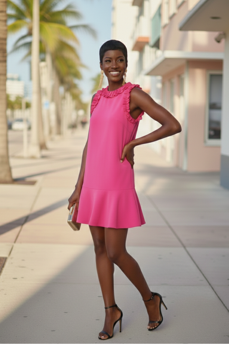 Woman in a pink dress standing on a sidewalk with palm trees and buildings in the background