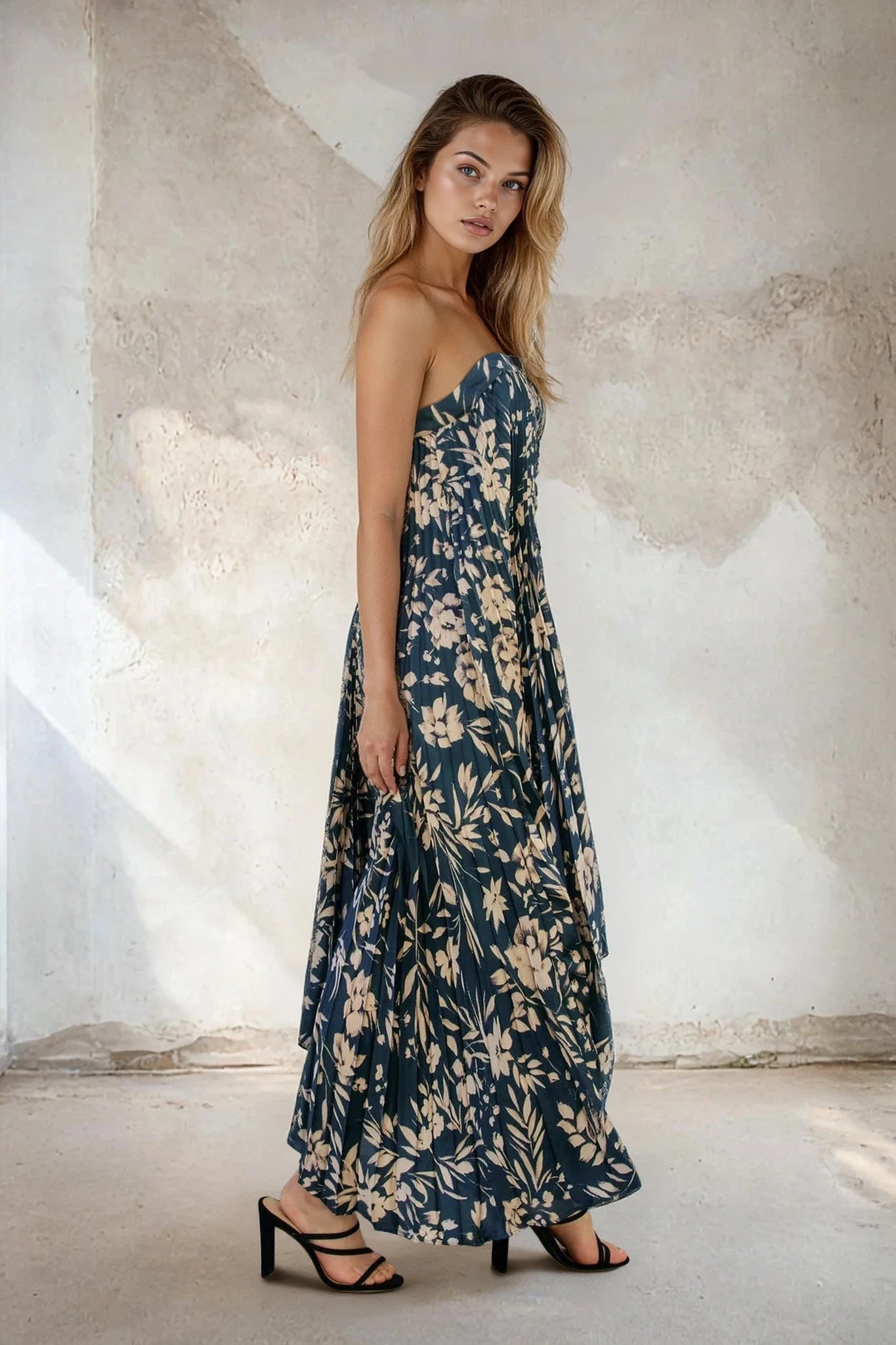 Yaneth Floral Asymmetrical Pleated Maxi Dress - Uniquely Claudia Boutique