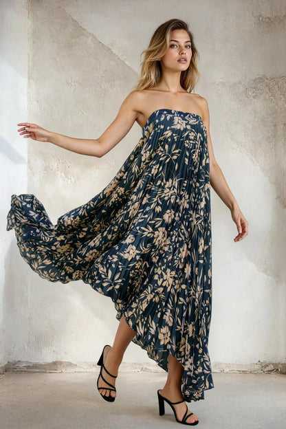 Yaneth Floral Asymmetrical Pleated Maxi Dress - Uniquely Claudia Boutique