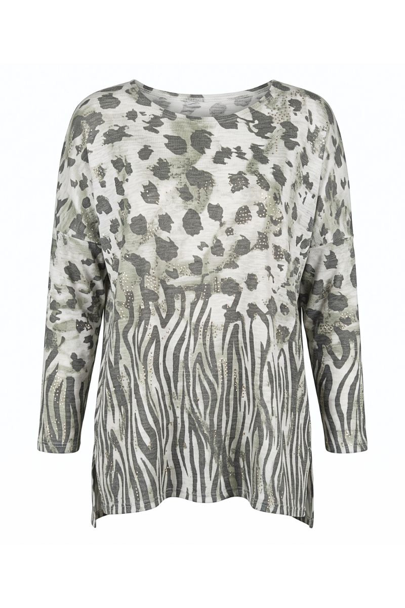 A long-sleeve top featuring a mixed animal print design, combining a gray and black leopard print on the upper body with a gray and black zebra stripe pattern on the lower body, set against a plain white background.