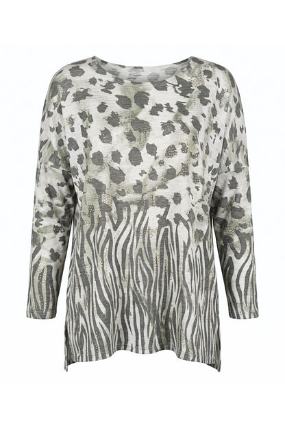 A long-sleeve top featuring a mixed animal print design, combining a gray and black leopard print on the upper body with a gray and black zebra stripe pattern on the lower body, set against a plain white background.
