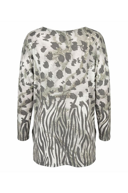 A long-sleeve top with a mixed animal print design, featuring a gray and black leopard print on the upper chest and sleeves, transitioning into a gray and black zebra stripe pattern on the lower half, set against a plain white background.