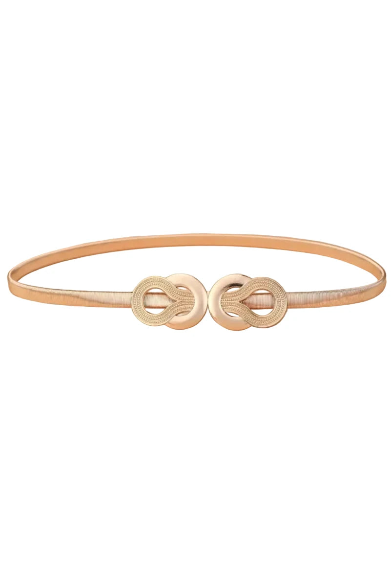 Gold bracelet with interlocking circles on a beige background