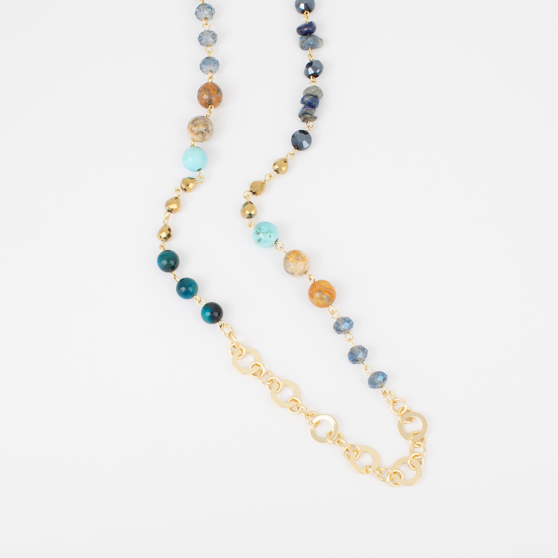 Necklace with multicolored beads and gold chain on a white background