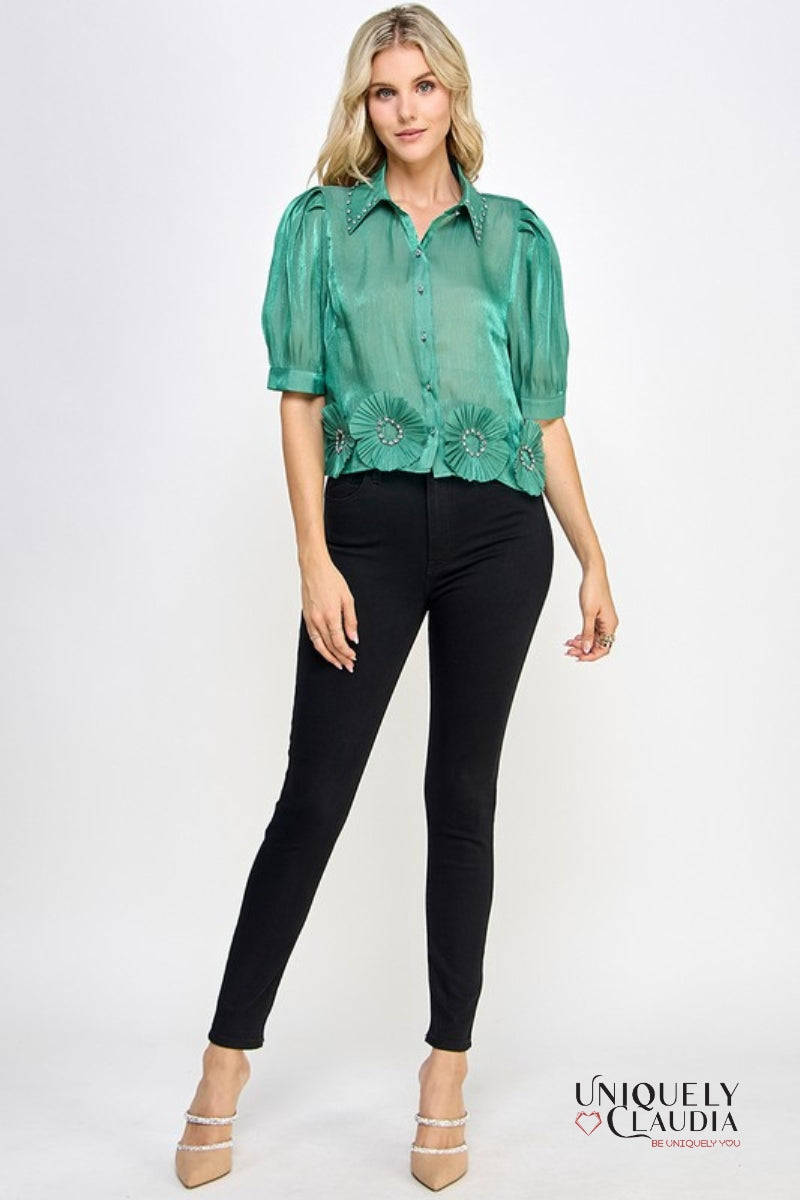 Jackeline Embellished Flowers Lurex Blouse | Uniquely Claudia Boutique