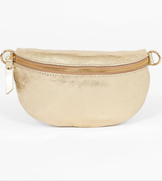 Jasmine Metallic Gold Half Moon Leather Crossbody Bag