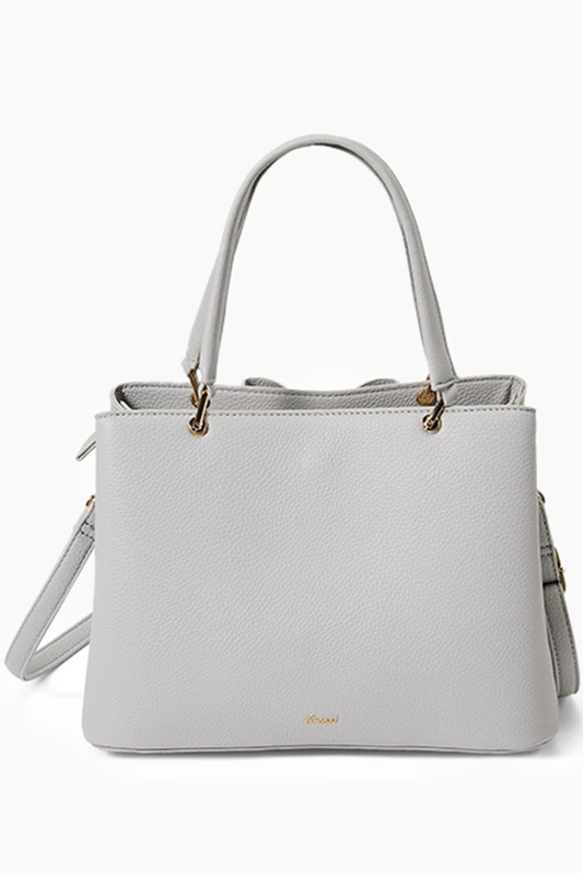 Light gray handbag with gold accents on a white background