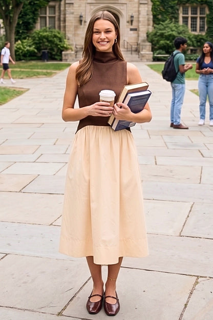 A woman stands on a stone walkway in front of a collegiate building, wearing a sleeveless brown mock-neck top and a knee-length beige skirt, holding books and a coffee cup.