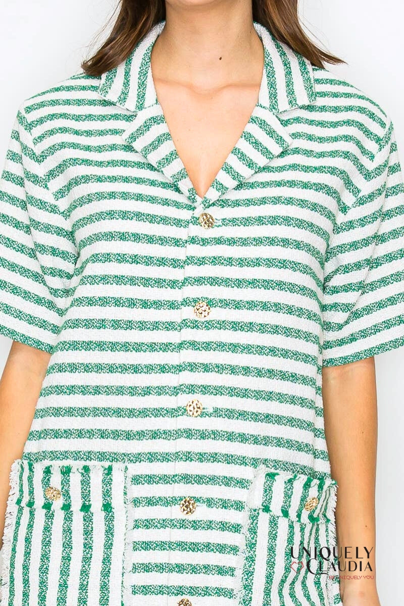 Kaitlyn Green & White Stripe French Boucle Dress | Uniquely Claudia Boutique
