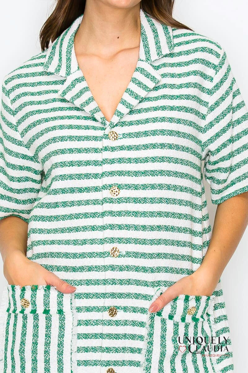 Kaitlyn Green & White Stripe French Boucle Dress | Uniquely Claudia Boutique