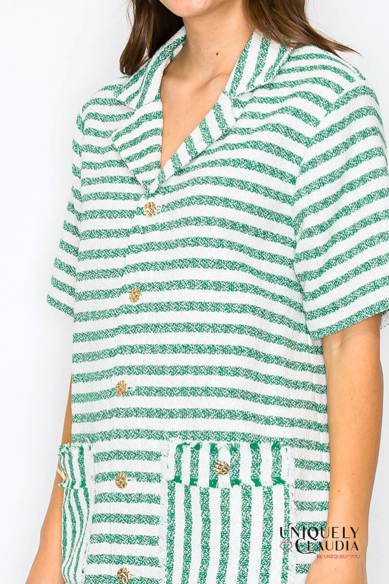Kaitlyn Green & White Stripe French Boucle Dress | Uniquely Claudia Boutique