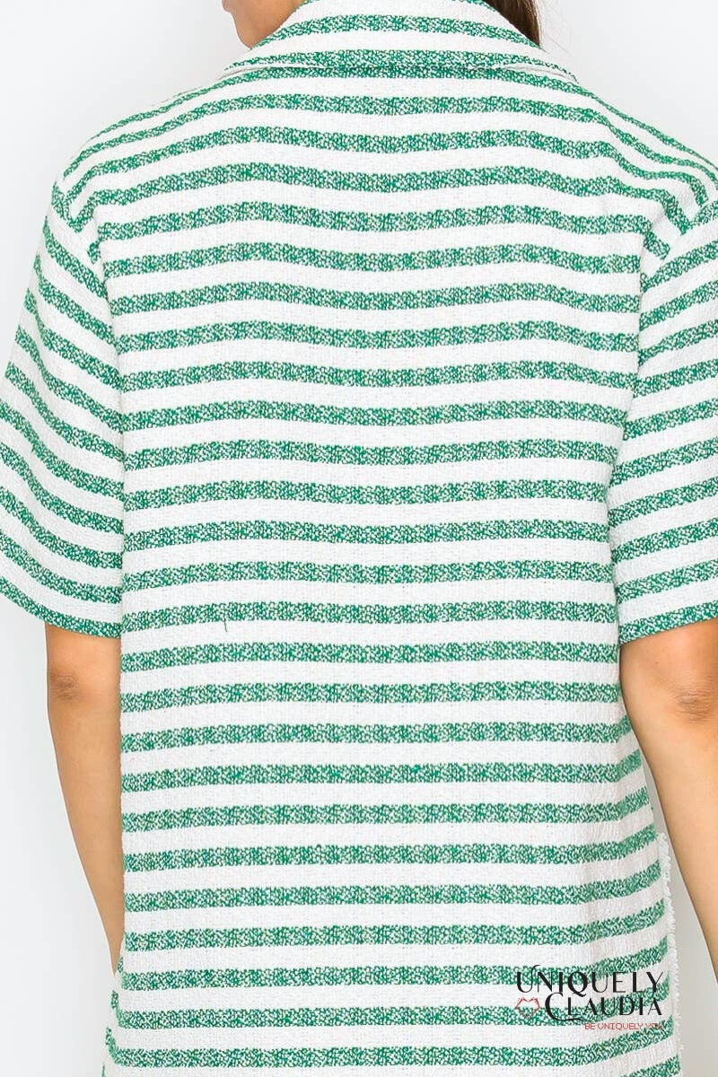 Kaitlyn Green & White Stripe French Boucle Dress | Uniquely Claudia Boutique