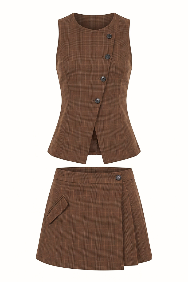 A two-piece women's outfit set in brown plaid fabric, featuring a sleeveless wrap-style vest with dark buttons and a matching pleated mini skirt with a side pocket, shown on a plain white background.