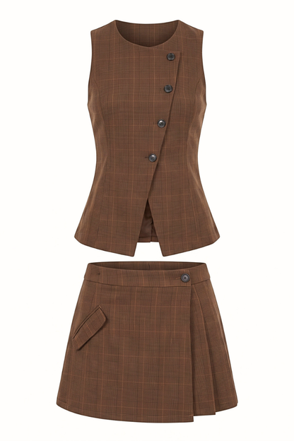 A two-piece women's outfit set in brown plaid fabric, featuring a sleeveless wrap-style vest with dark buttons and a matching pleated mini skirt with a side pocket, shown on a plain white background.