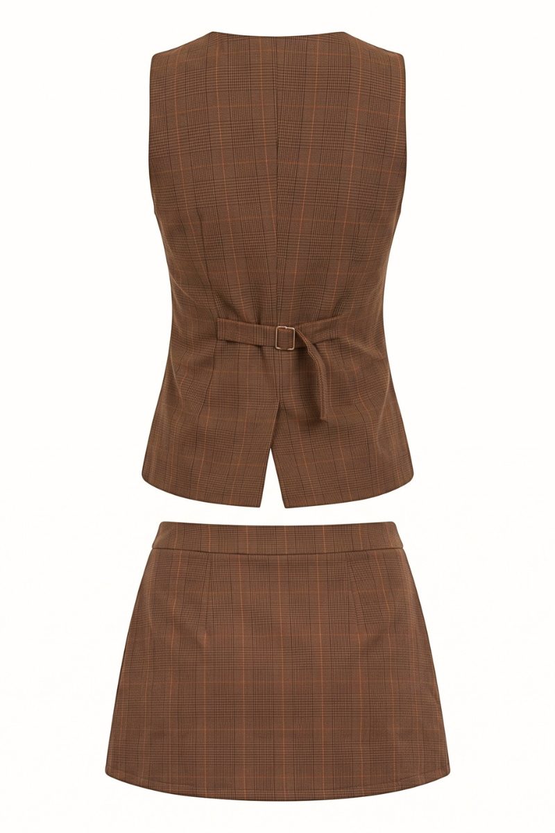 A two-piece women's suit set featuring a brown plaid sleeveless vest with a tie waist and a matching high-waisted mini skirt, shown against a plain white background.