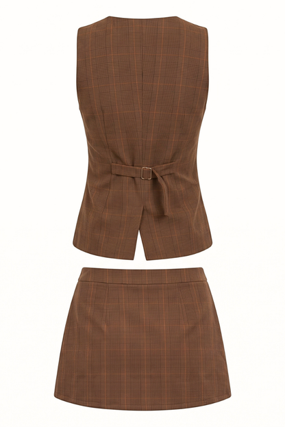 A two-piece women's suit set featuring a brown plaid sleeveless vest with a tie waist and a matching high-waisted mini skirt, shown against a plain white background.