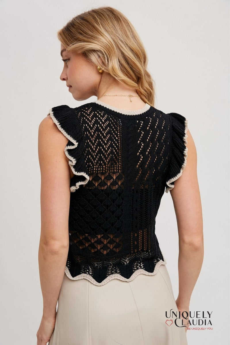 Karla Eyelet Contrast Knit Ruffled Scalloped Top | Uniquely Claudia Boutique 