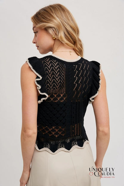 Karla Eyelet Contrast Knit Ruffled Scalloped Top | Uniquely Claudia Boutique 