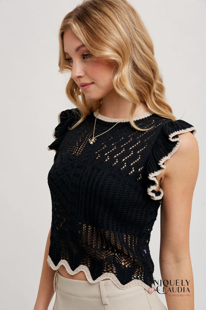 Karla Eyelet Contrast Knit Ruffled Scalloped Top | Uniquely Claudia Boutique 