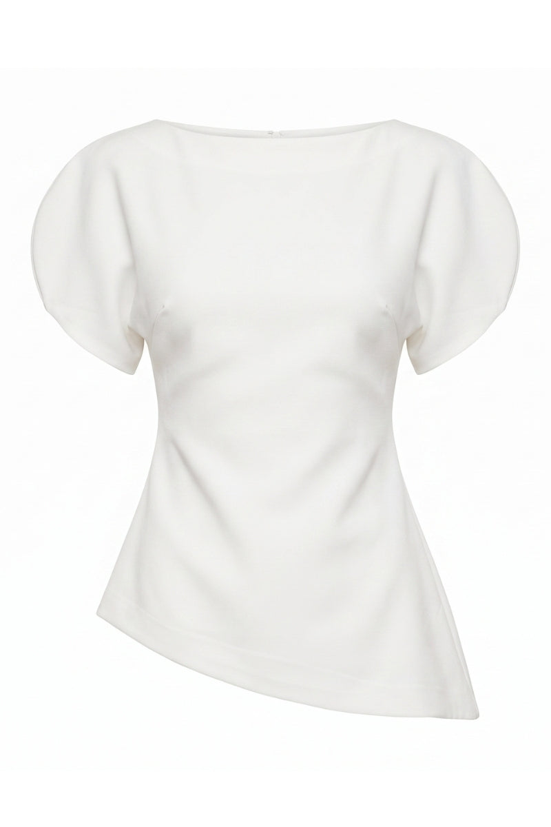 An off-white short-sleeve top with a boat neckline and a slightly asymmetrical, draped hem, shown against a plain white background.