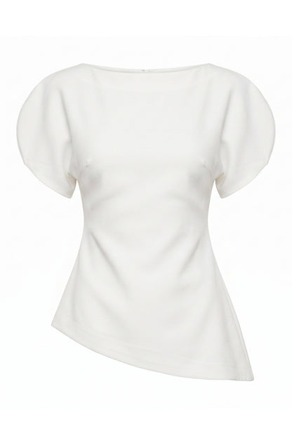 An off-white short-sleeve top with a boat neckline and a slightly asymmetrical, draped hem, shown against a plain white background.