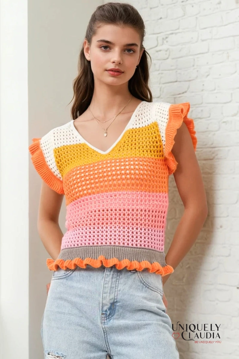 Keesha Crochet Knitted Multi Stripe Ruffle Sleeve Top