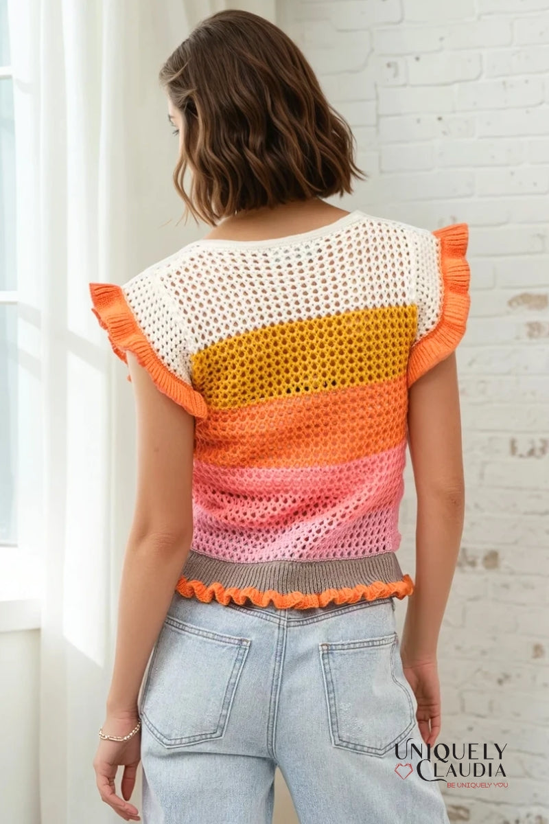 Keesha Crochet Knitted Multi Stripe Ruffle Sleeve Top