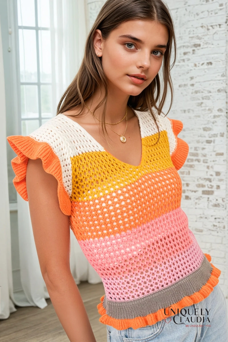 Keesha Crochet Knitted Multi Stripe Ruffle Sleeve Top