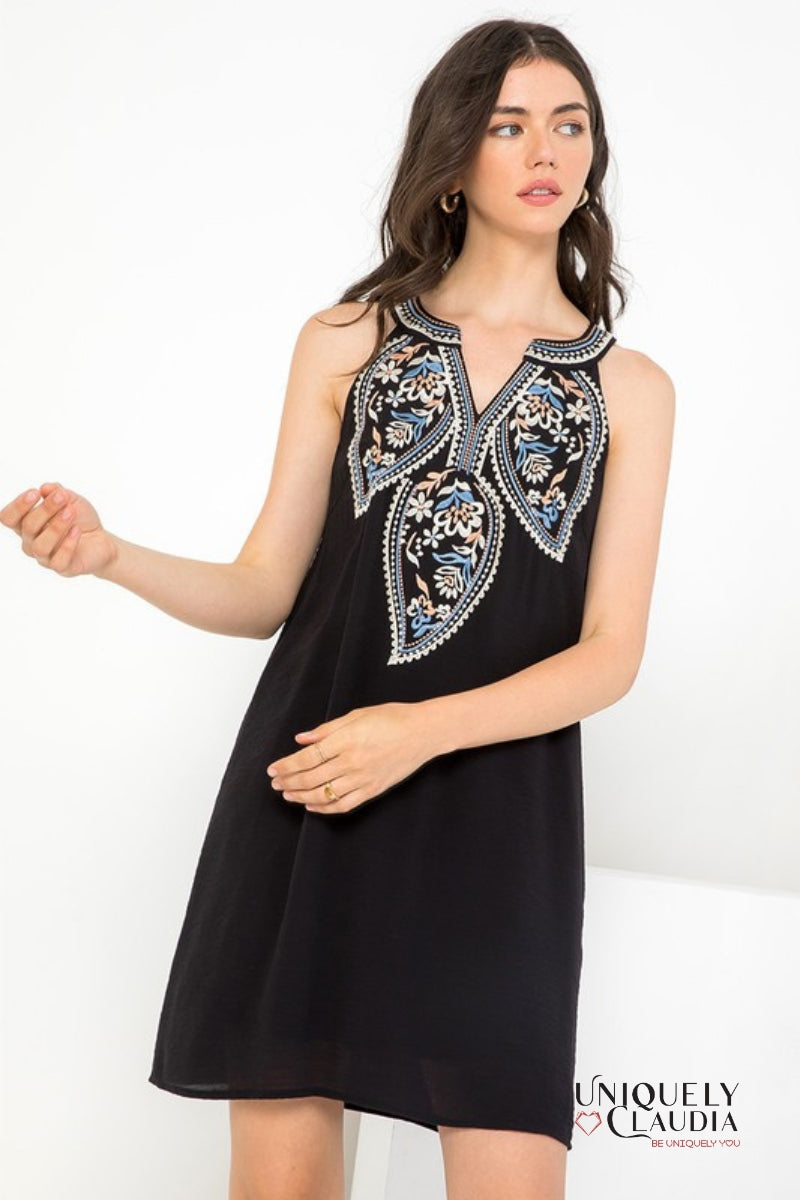Woman wearing little black dress