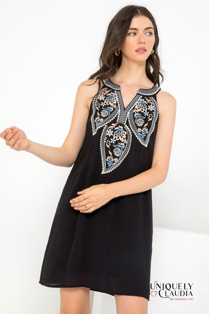 Woman wearing little black dress