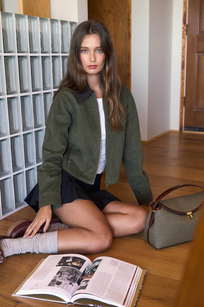 Kenia Contrast Collar Corduroy Zip-Up Jacket