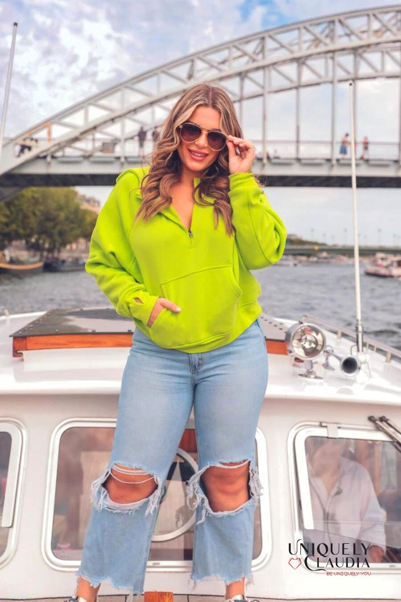 Kenna Hooded Quarter Zip Sweatshirt With Thumb Holes | Uniquely Claudia Boutique 