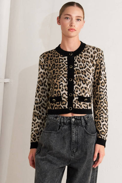Model wearing a leopard print cardigan with black trim and high-waisted jeans against a white background