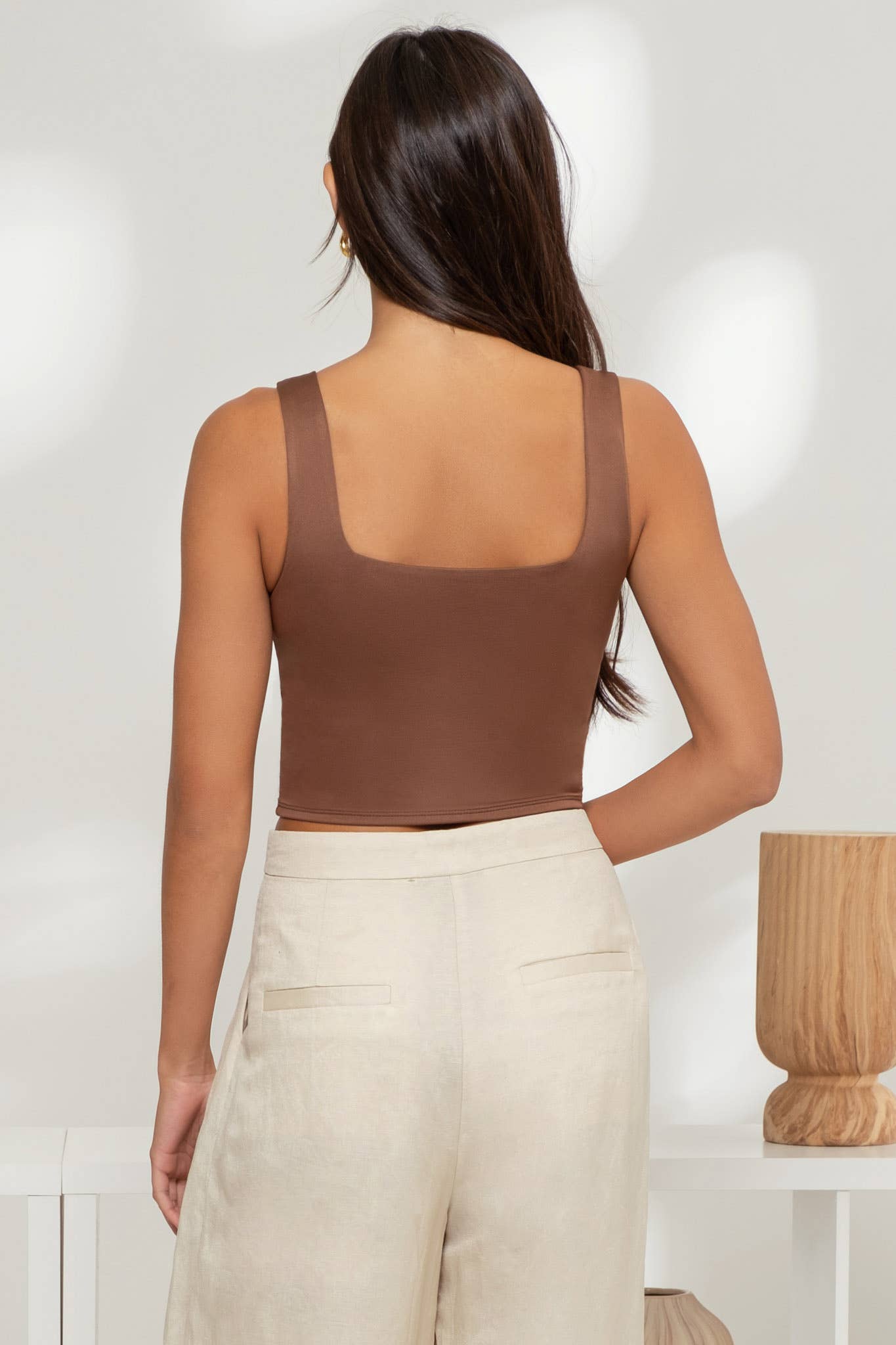 Kristin Solid Square Neck Sleeveless Brown Top