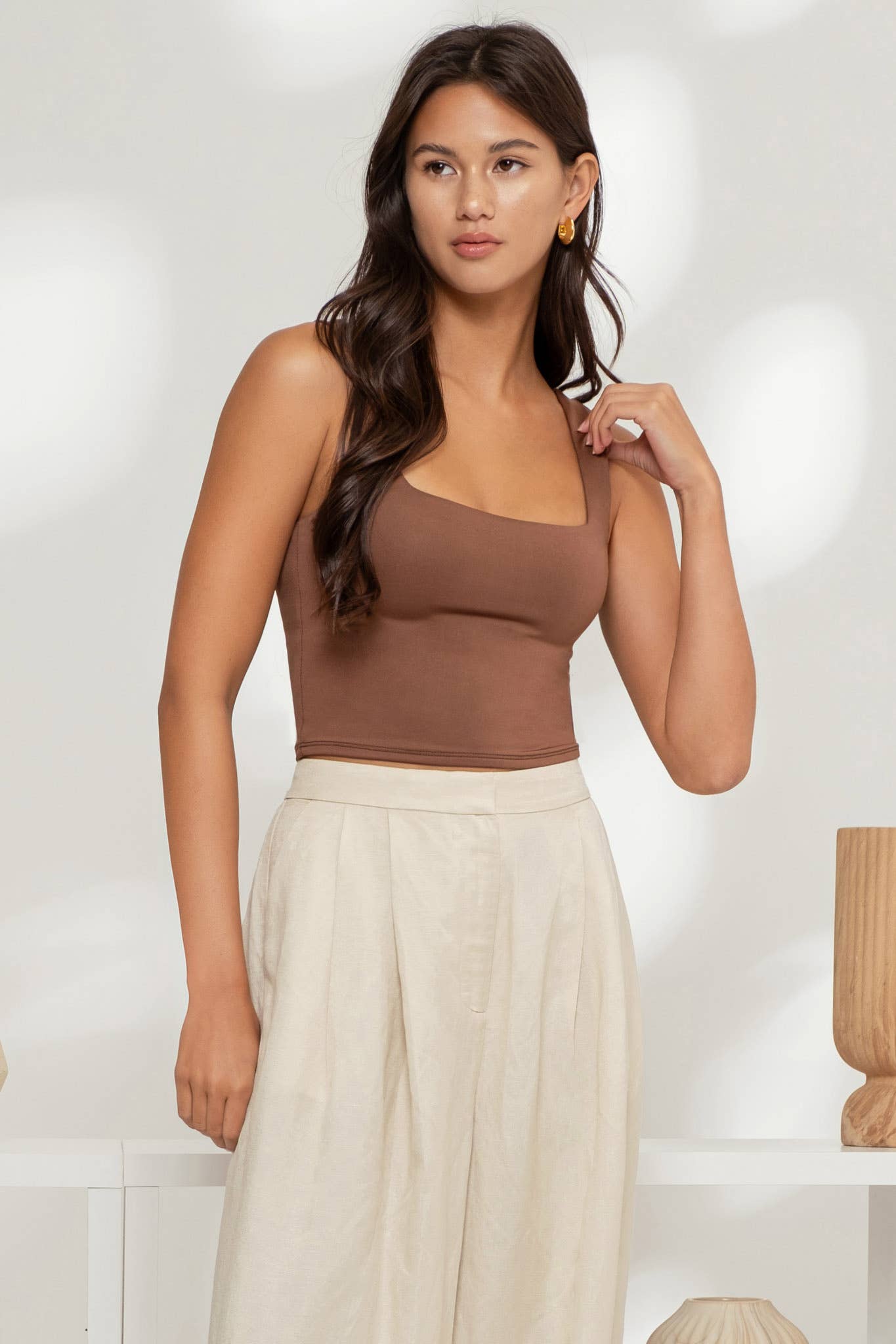 Kristin Solid Square Neck Sleeveless Brown Top