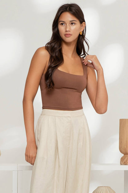 Kristin Solid Square Neck Sleeveless Brown Top