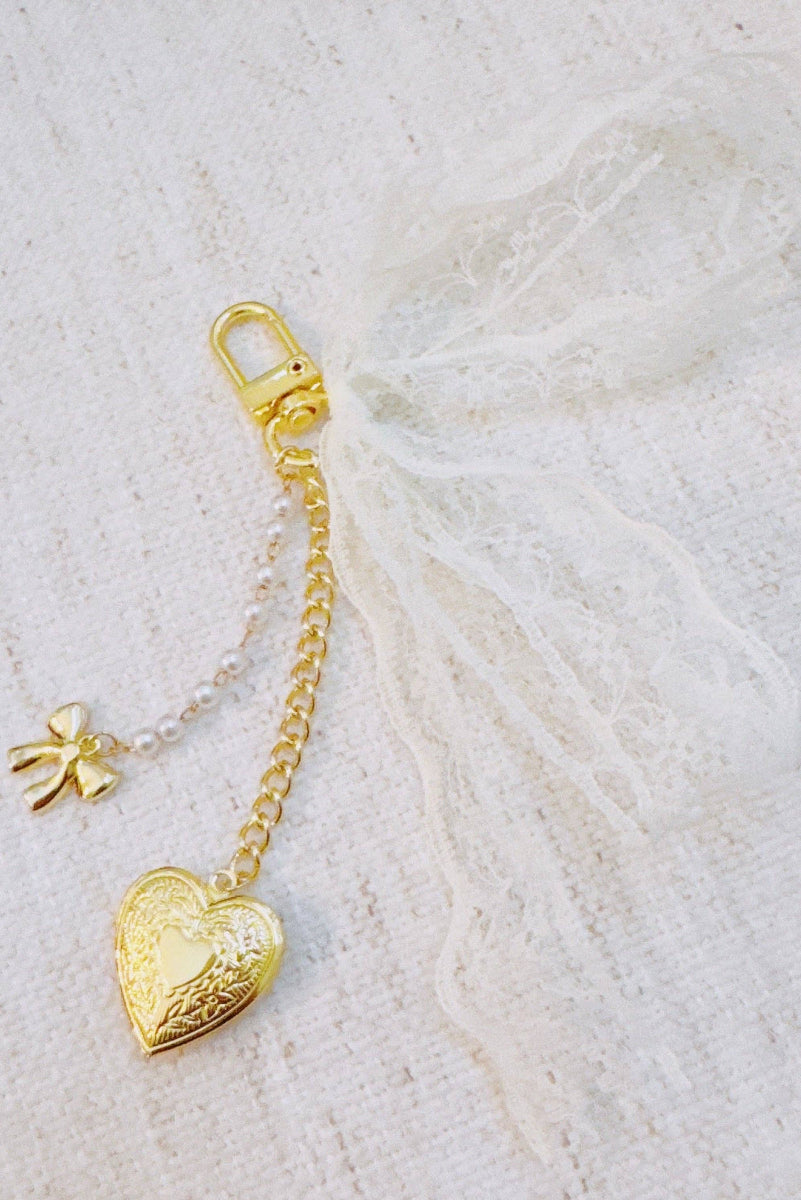 Lace & Love Heart Bag Charm  – White Bow with Gold Heart | Romantic Chic - Uniquely Claudia Boutique