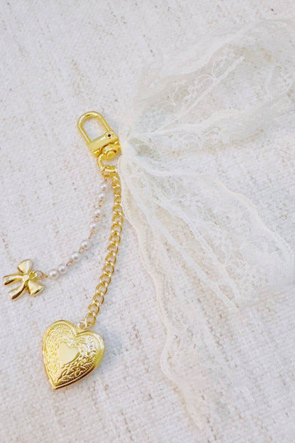 Lace & Love Heart Bag Charm  – White Bow with Gold Heart | Romantic Chic - Uniquely Claudia Boutique