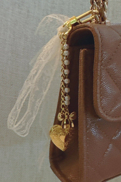 Lace & Love Heart Bag Charm  – White Bow with Gold Heart | Romantic Chic - Uniquely Claudia Boutique